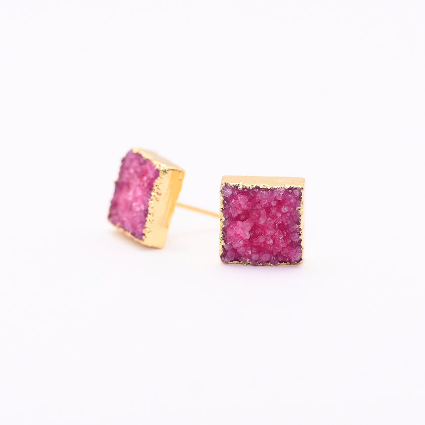 Pink & Gold Square Druzy Earrings