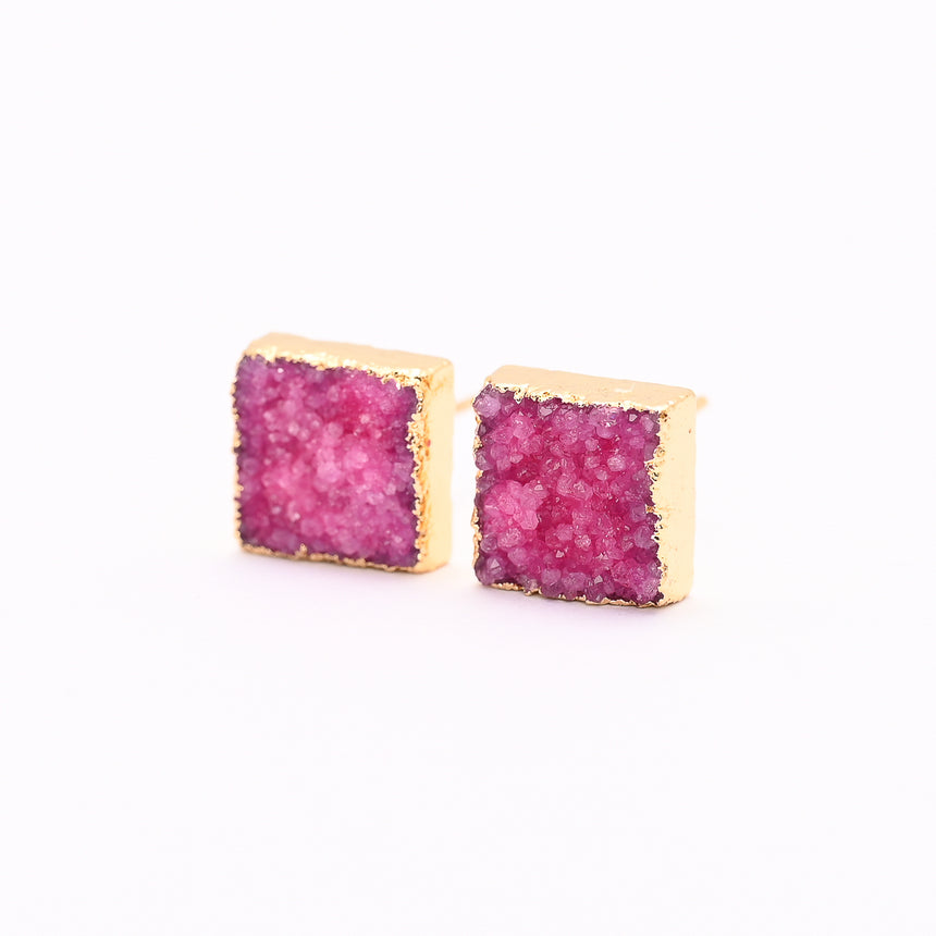 Pink & Gold Square Druzy Earrings