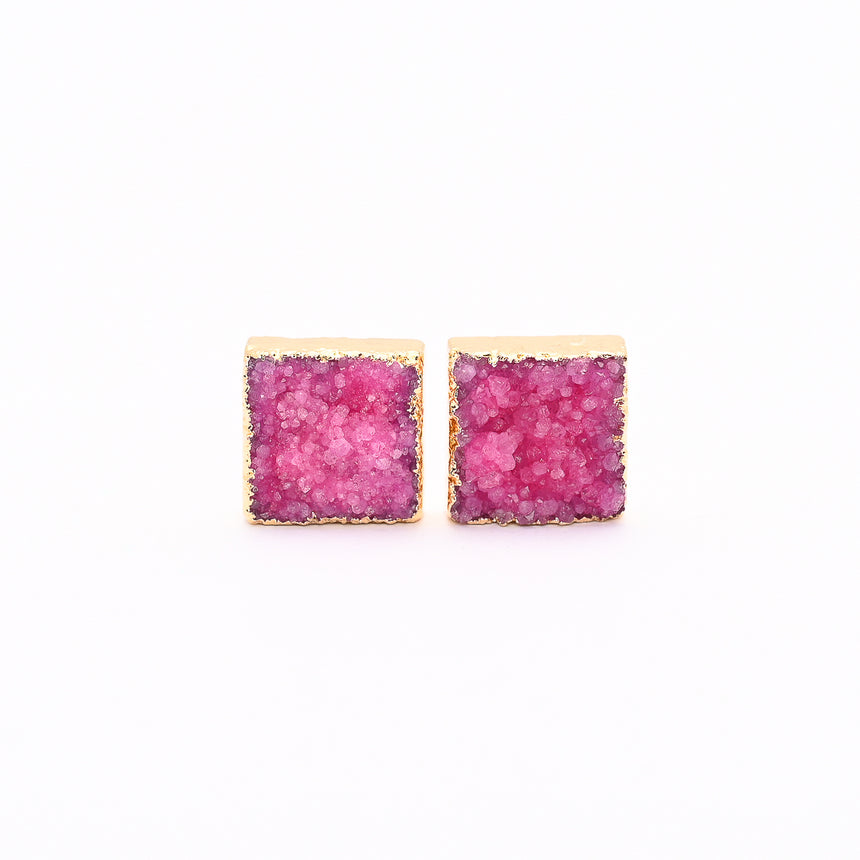 Pink & Gold Square Druzy Earrings