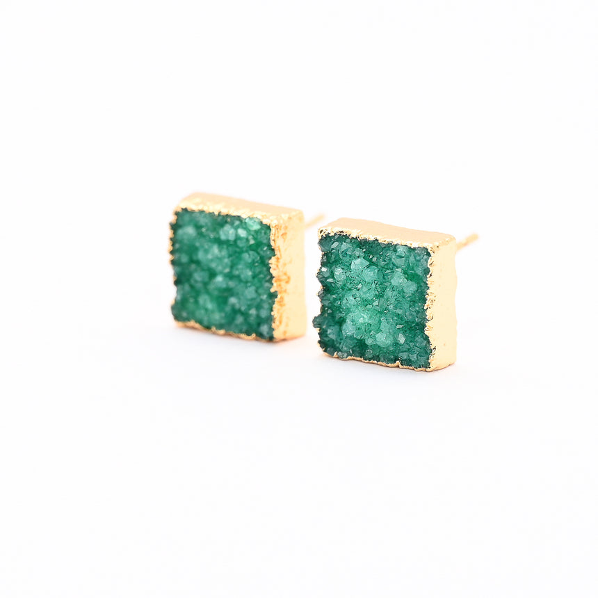 Green & Gold Square Druzy Earrings