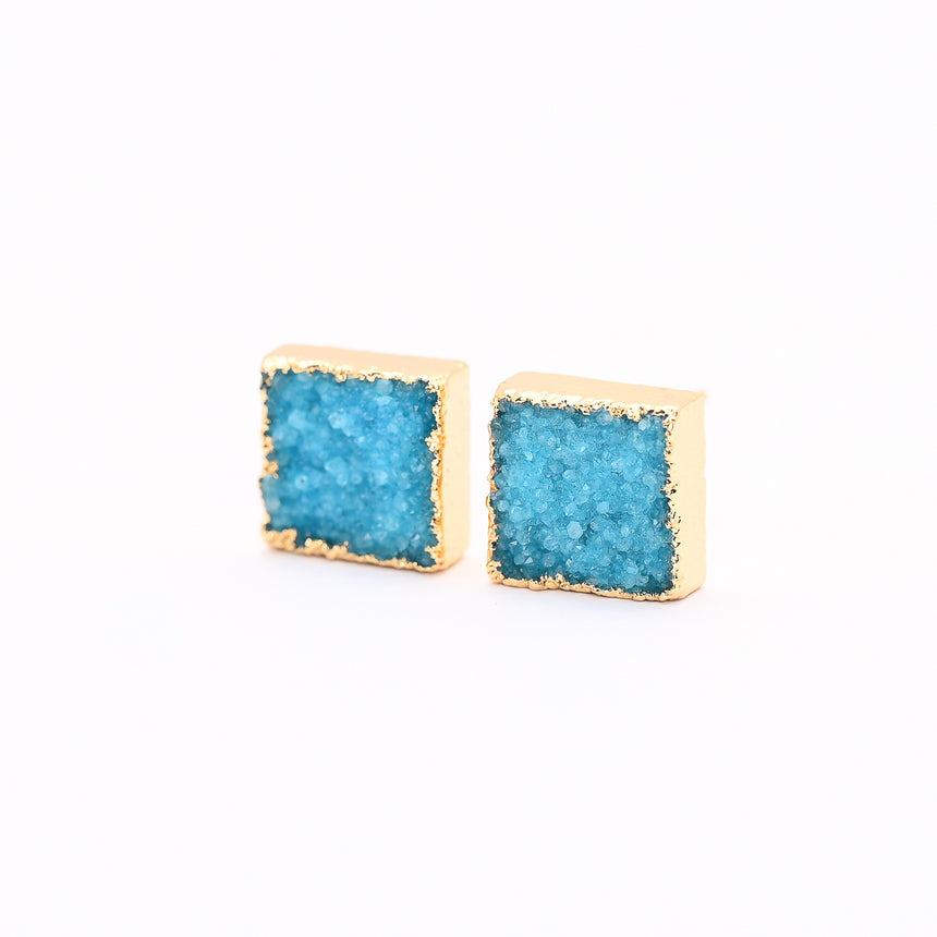 Turquoise & Gold Square Druzy Earrings