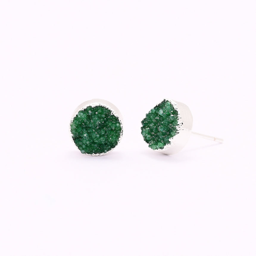 Green & Silver Round Druzy Earrings