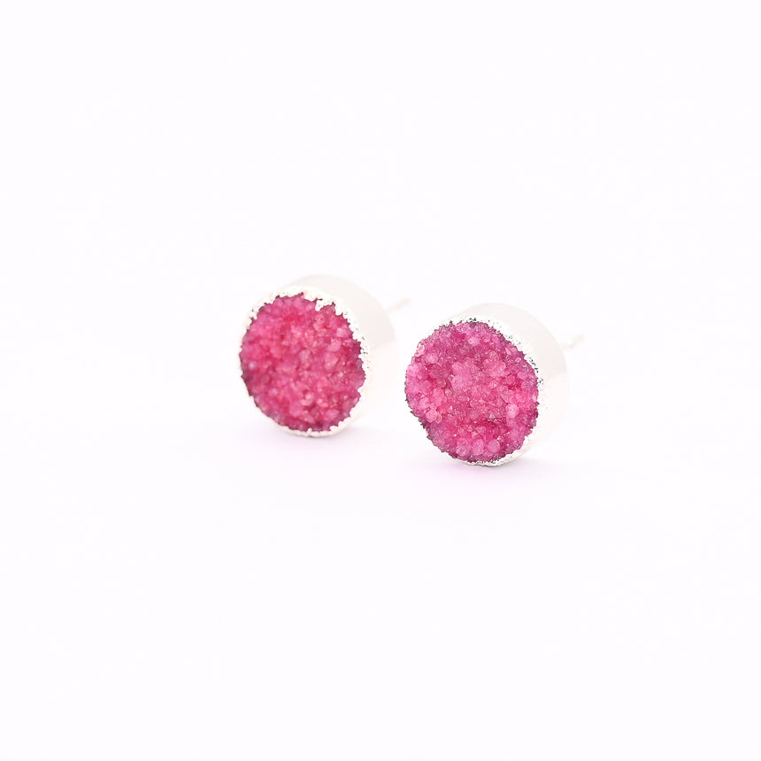 Pink & Silver Round Druzy Earrings