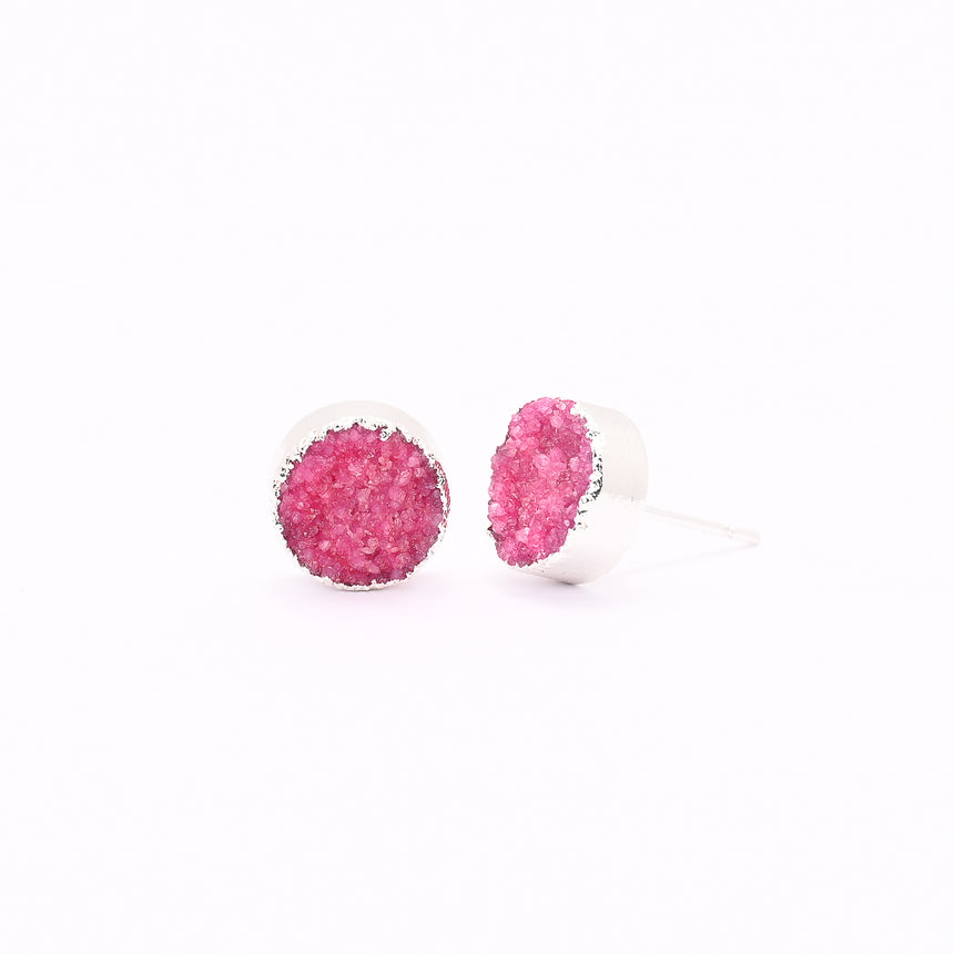 Pink & Silver Round Druzy Earrings