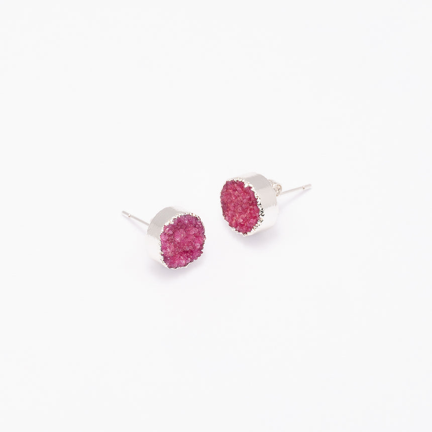 Pink & Silver Round Druzy Earrings