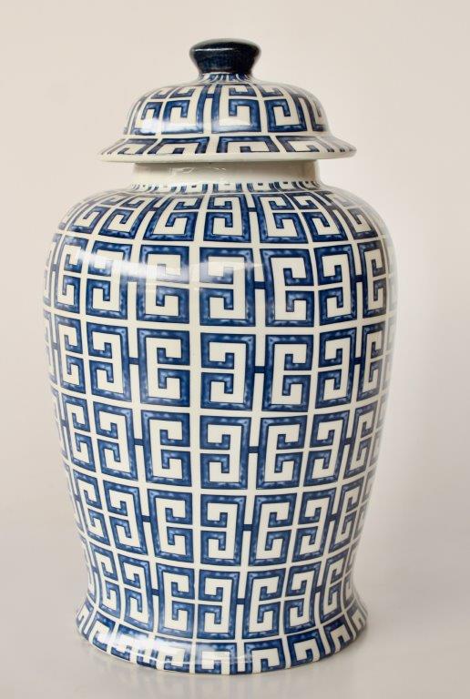 Large Blue & White Geometric Ginger Jar