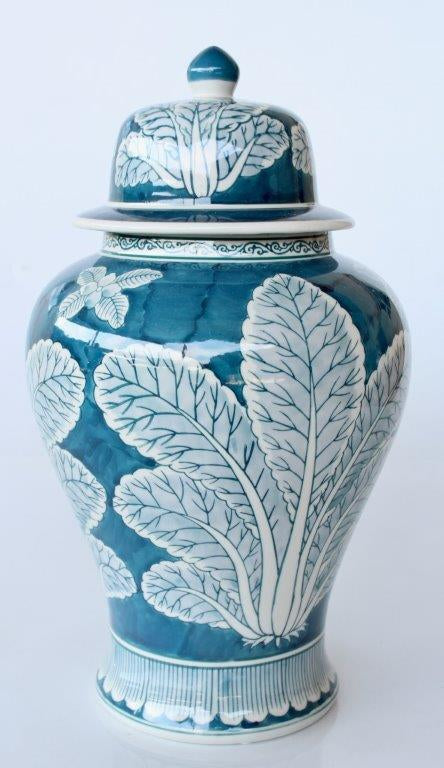 Large Blue & White Leaf Ginger Jar