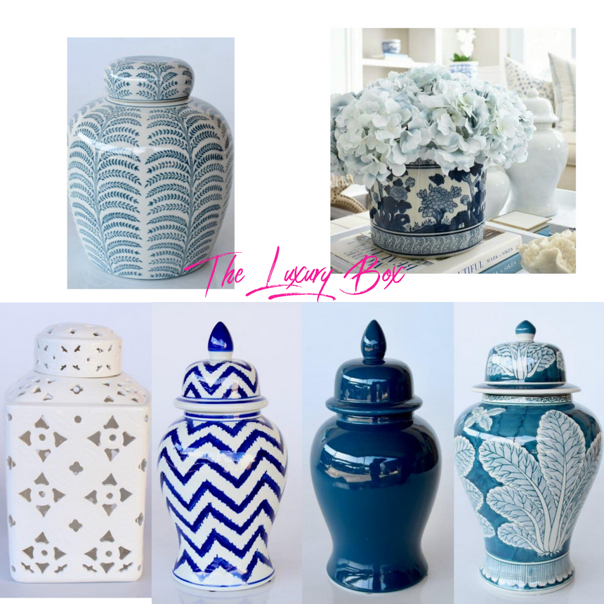 Large Geometric Blue & White Jar