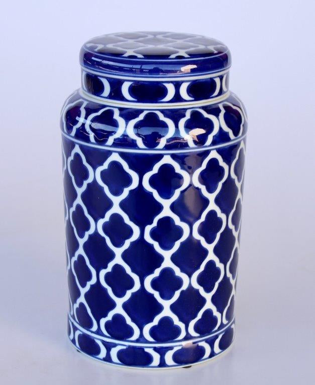 Large Geometric Blue & White Jar