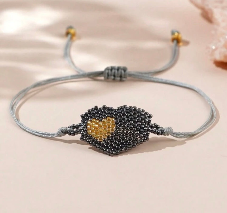 Grey Beaded Heart Sliding Bracelet