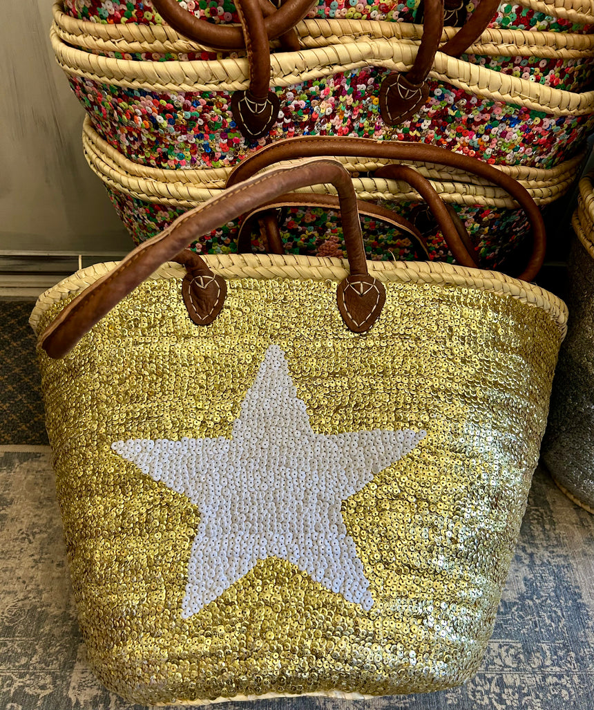 Hand Woven Sequin Beach Baskets - Gold with White Star