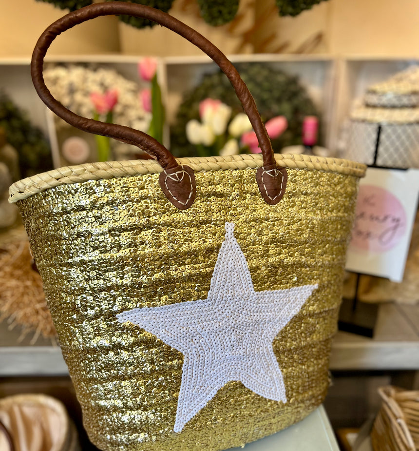 Hand Woven Sequin Beach Baskets - Gold with White Star