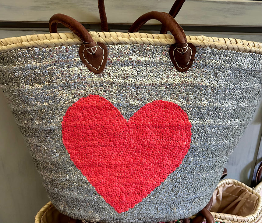 Hand Woven Sequin Beach Baskets - Silver with Bright Pink Heart