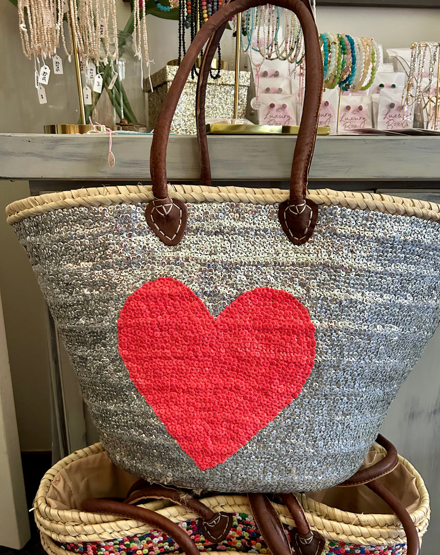 Hand Woven Sequin Beach Baskets - Silver with Bright Pink Heart