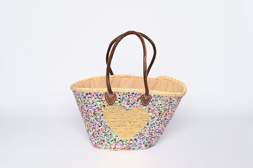 Hand Woven Sequin Beach Baskets - Multicolour with Gold Heart