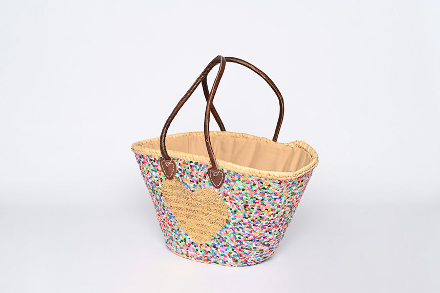 Hand Woven Sequin Beach Baskets - Multicolour with Gold Heart