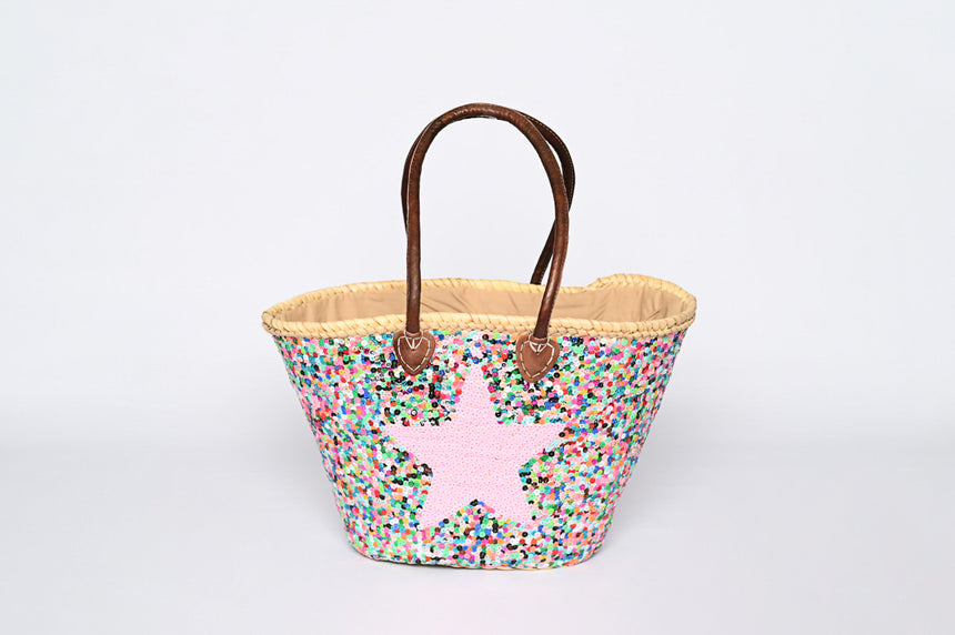 Hand Woven Sequin Beach Baskets - Muilticolour with Pink Star