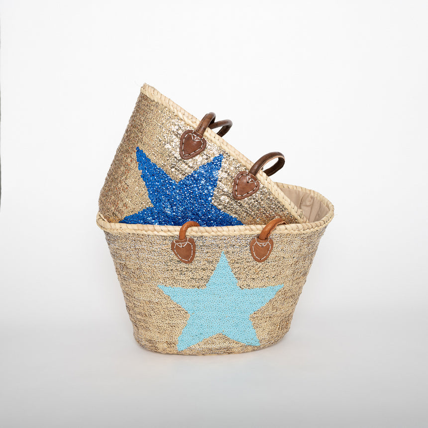 Hand Woven Sequin Beach Baskets - Gold with Light Blue Star