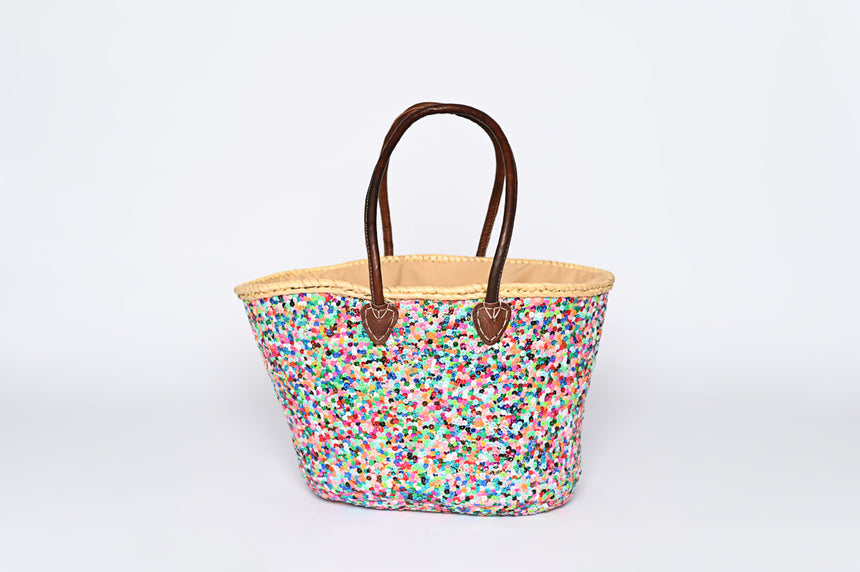 Hand Woven Sequin Beach Baskets - Multicolour with White Star