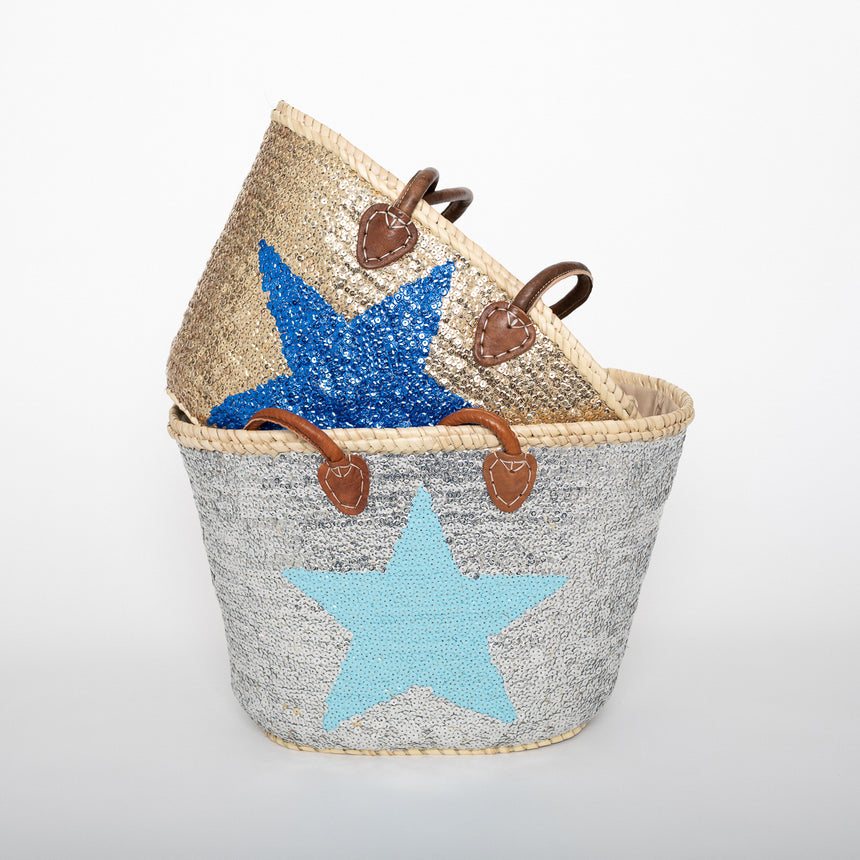 Hand Woven Sequin Beach Baskets - Silver with Light Blue Star