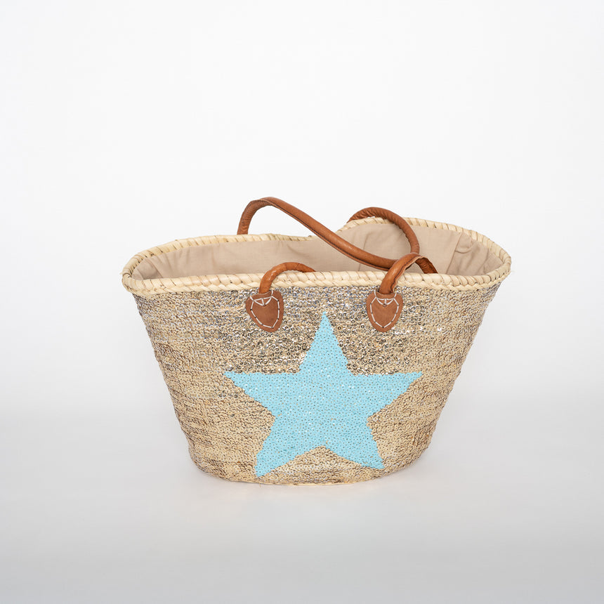 Hand Woven Sequin Beach Baskets - Gold with Light Blue Star