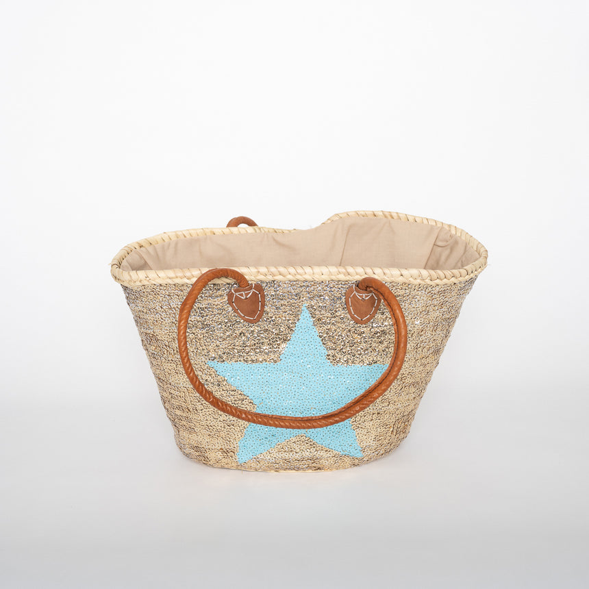 Hand Woven Sequin Beach Baskets - Gold with Light Blue Star