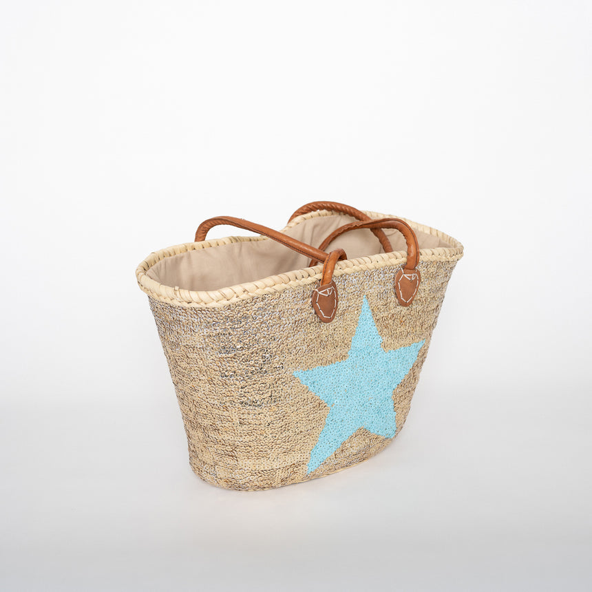 Hand Woven Sequin Beach Baskets - Gold with Light Blue Star