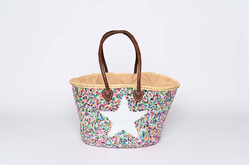 Hand Woven Sequin Beach Baskets - Multicolour with White Star