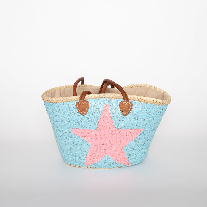 Hand Woven Sequin Beach Baskets - Light Blue with Light Pink Star