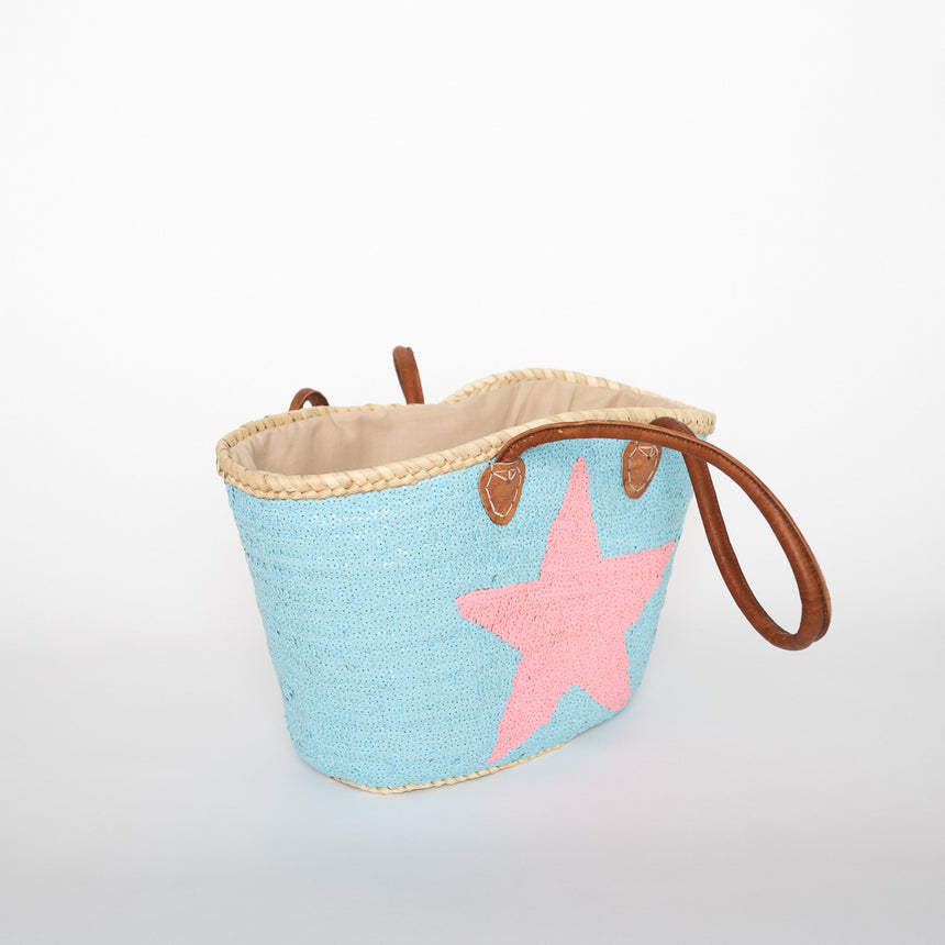 Hand Woven Sequin Beach Baskets - Light Blue with Light Pink Star