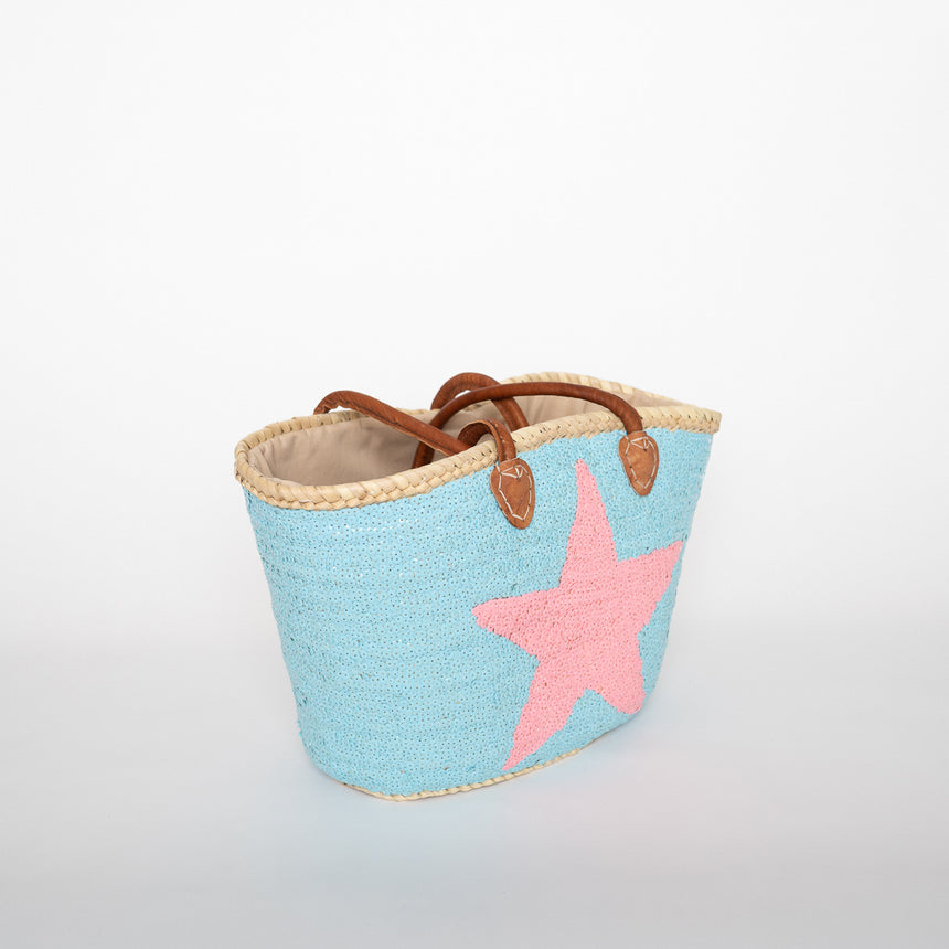 Hand Woven Sequin Beach Baskets - Light Blue with Light Pink Star