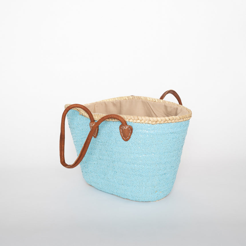 Hand Woven Sequin Beach Baskets - Light Blue with Light Pink Star