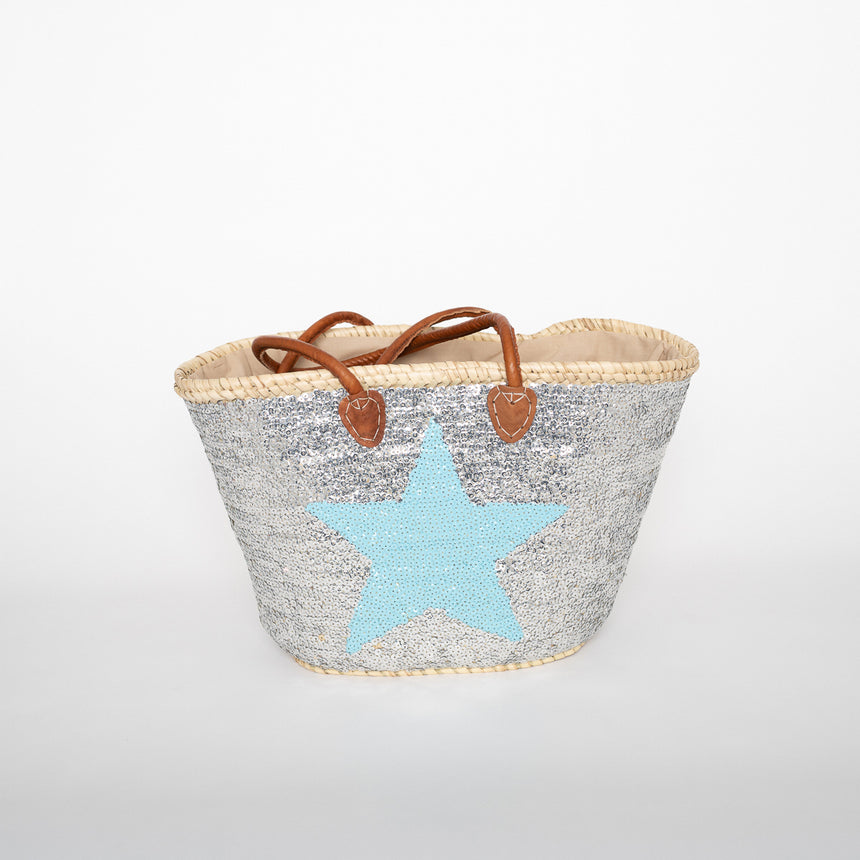 Hand Woven Sequin Beach Baskets - Silver with Light Blue Star