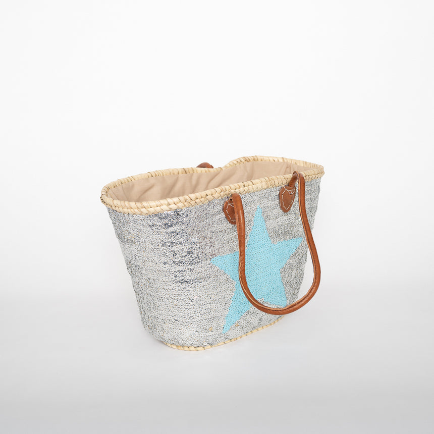 Hand Woven Sequin Beach Baskets - Silver with Light Blue Star