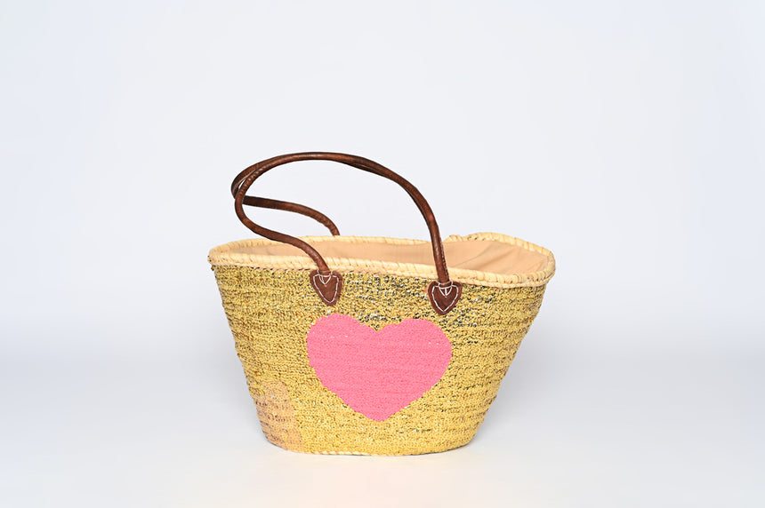 Hand Woven Sequin Beach Baskets - Gold with Pink Heart