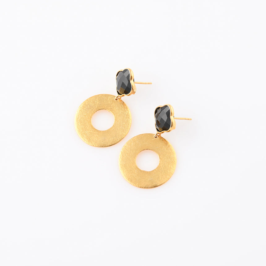 Round Brushed Gold earrings with Black Chalcedony