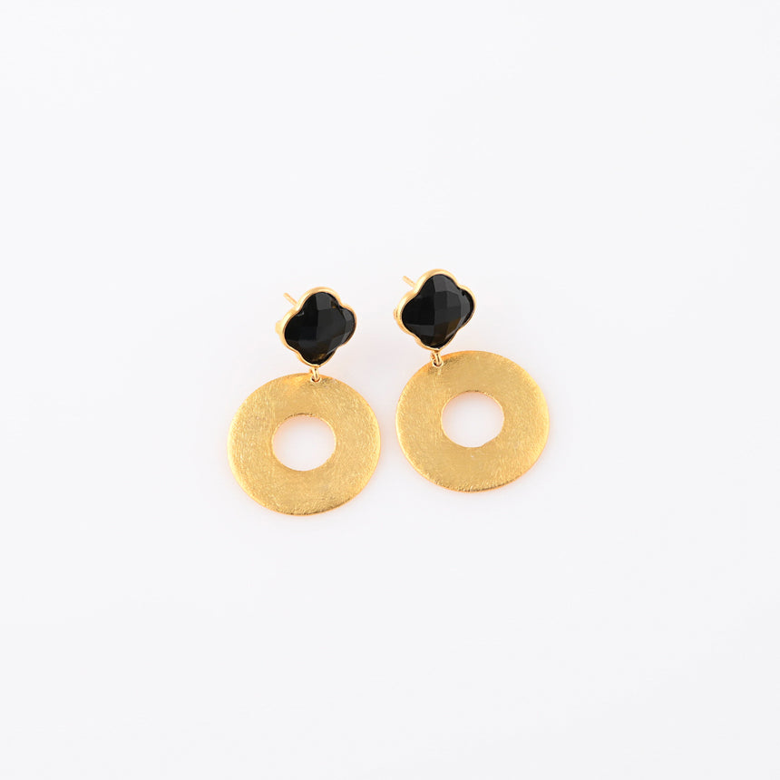 Round Brushed Gold earrings with Black Chalcedony