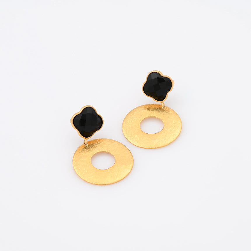 Round Brushed Gold earrings with Black Chalcedony