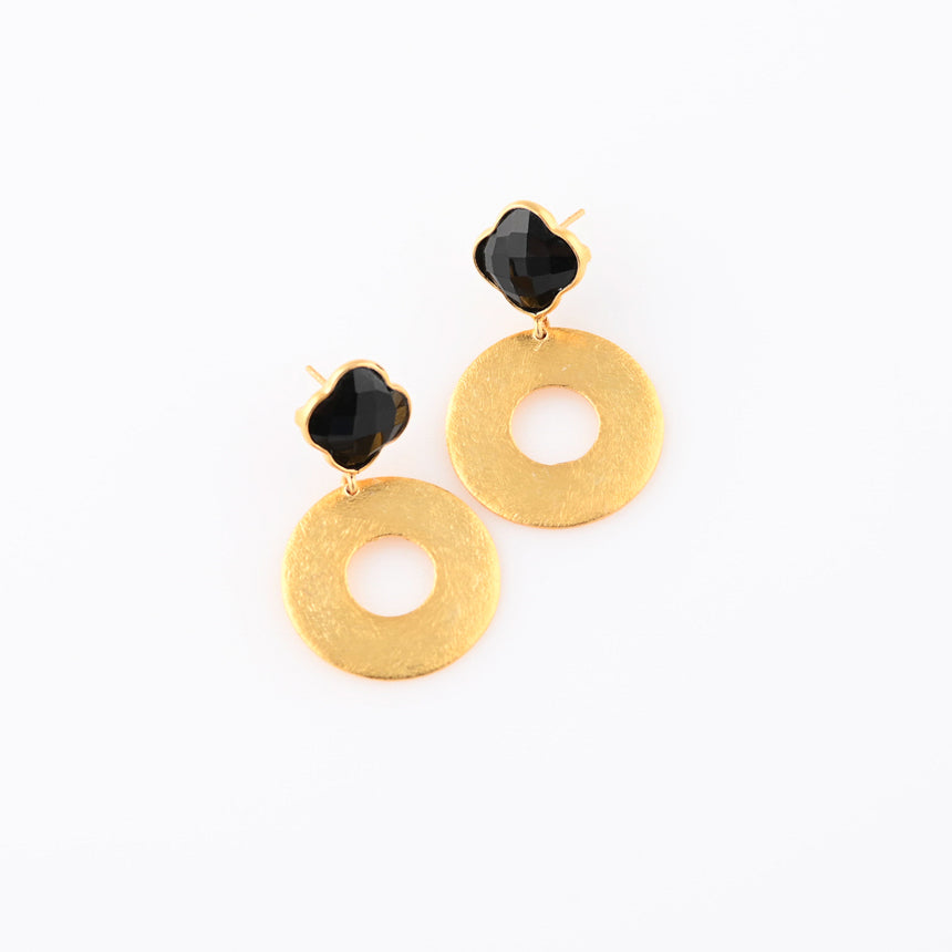 Round Brushed Gold earrings with Black Chalcedony