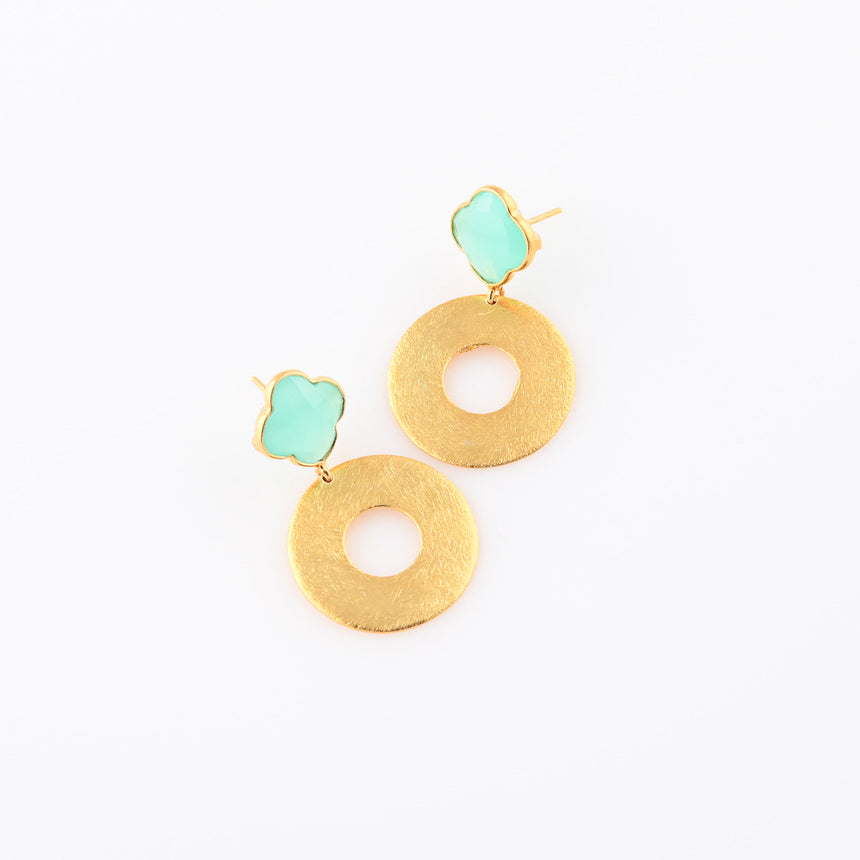 Round Brushed Gold earrings with Aqua Chalcedony