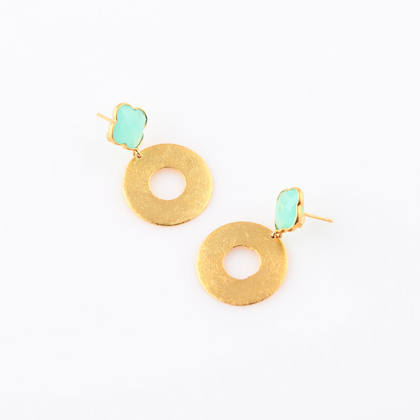 Round Brushed Gold earrings with Aqua Chalcedony