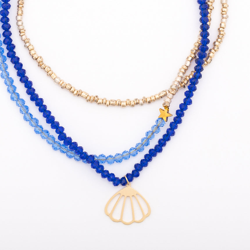 Flower Beaded Necklace - Blues & Gold