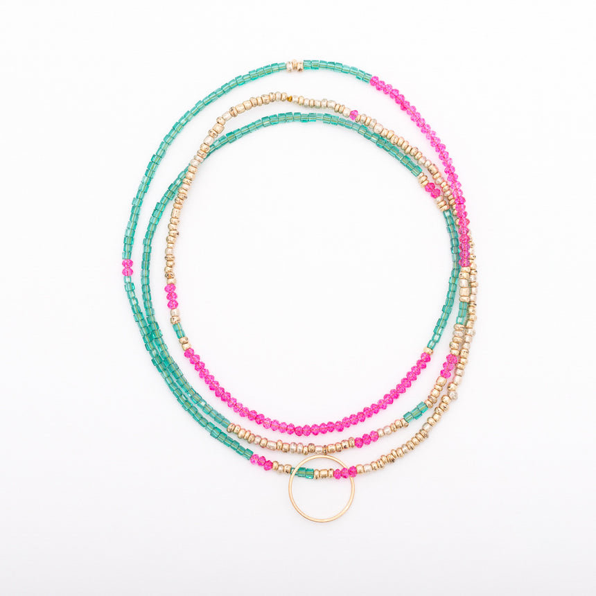 Circle Beaded Necklace - Pink, Green & Gold