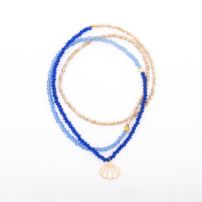 Flower Beaded Necklace - Blues & Gold