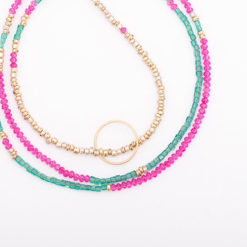 Circle Beaded Necklace - Pink, Green & Gold