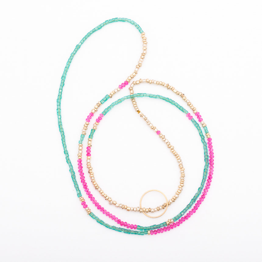 Circle Beaded Necklace - Pink, Green & Gold