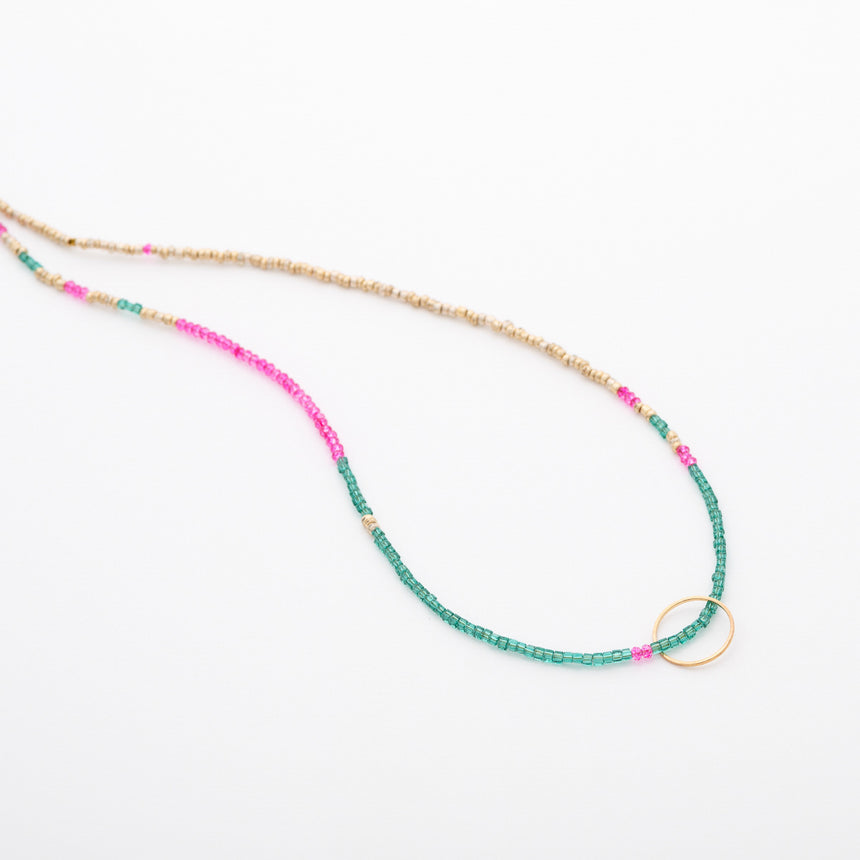 Circle Beaded Necklace - Pink, Green & Gold