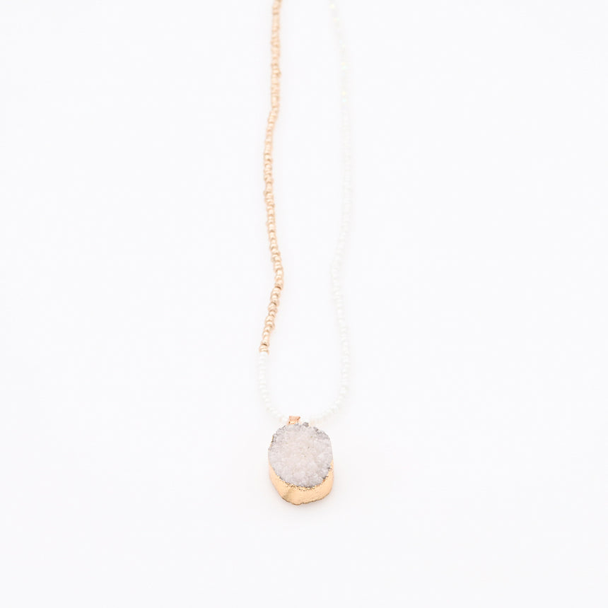 White and Gold Beaded Necklace with White Druzy