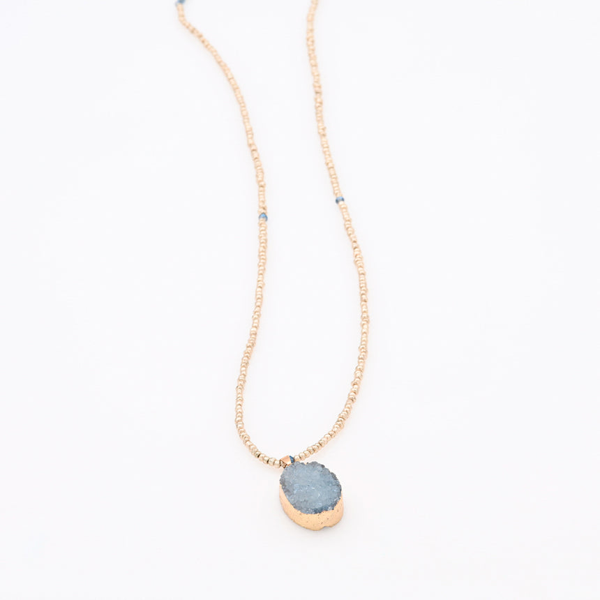 Gold Beaded Necklace with Blue Druzy