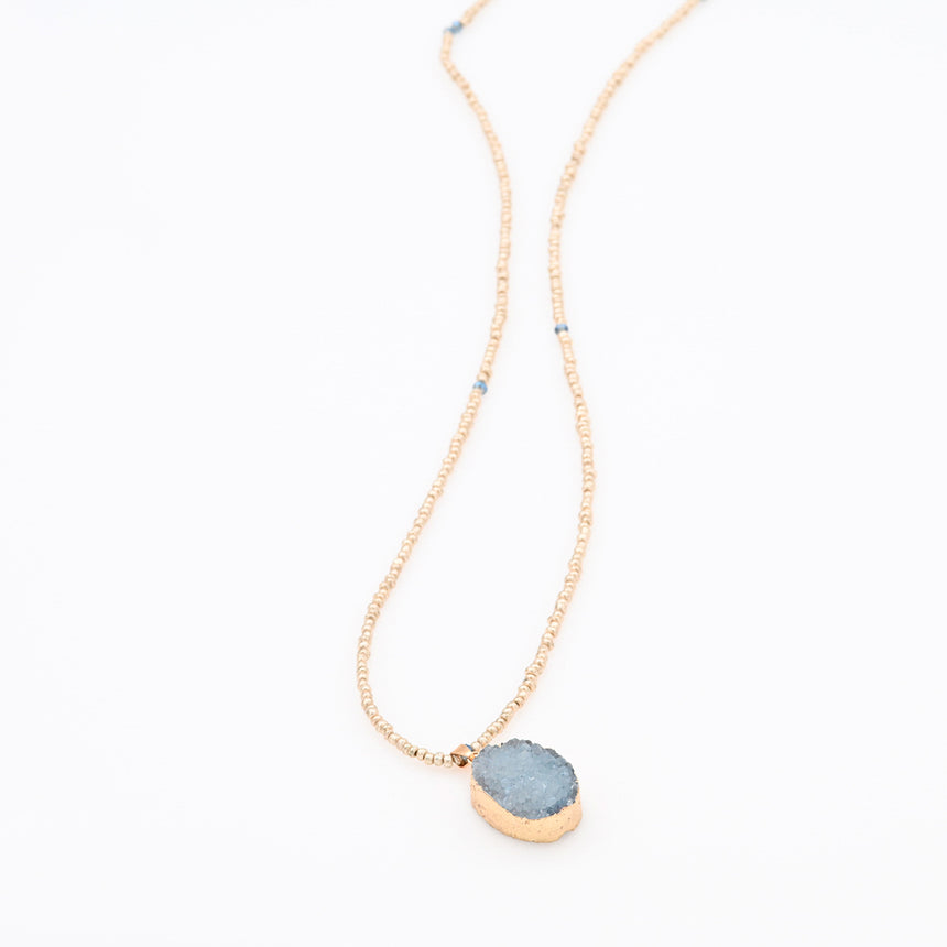 Gold Beaded Necklace with Blue Druzy